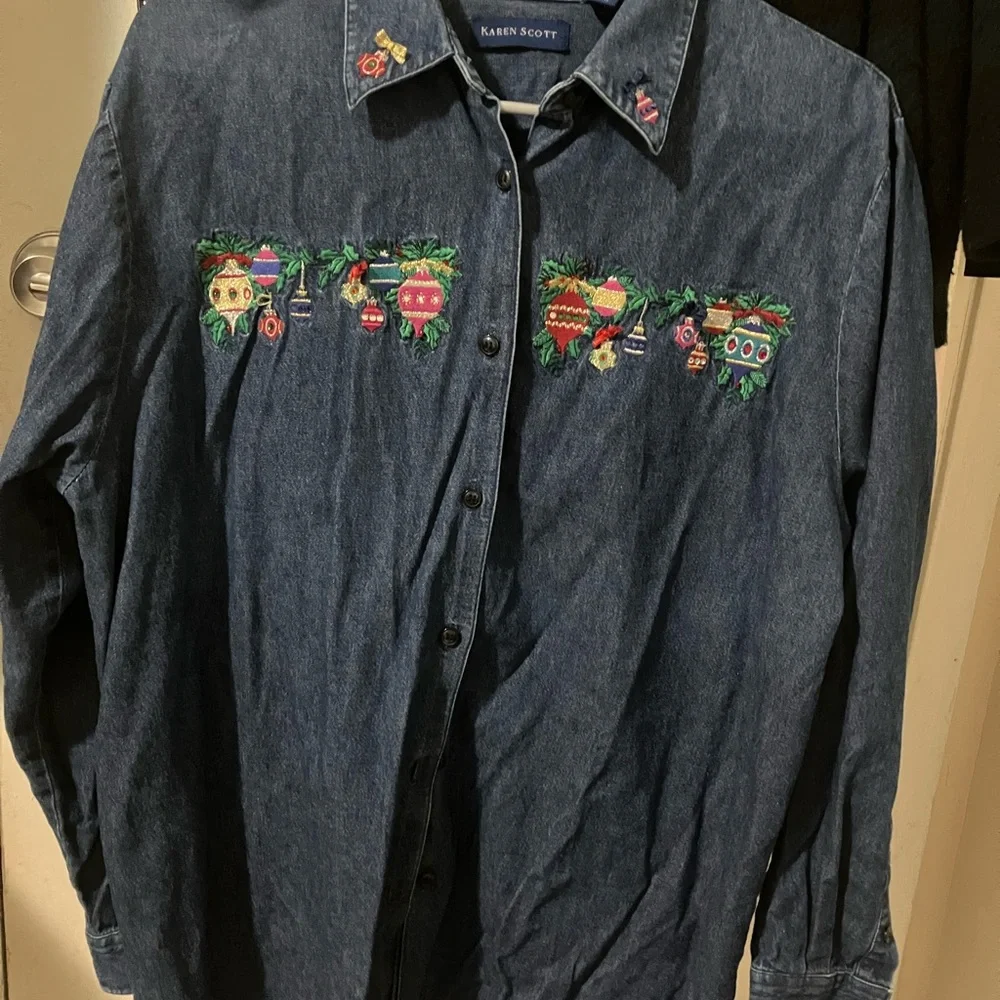 Karen Scott Blue Denim Shirt with Embroidery - Picture 2 of 4